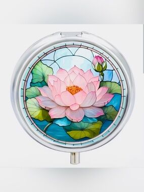 Unique Pink Lotus Pattern 2 Compartment Metal Travel Medicine Pill Box. New.
